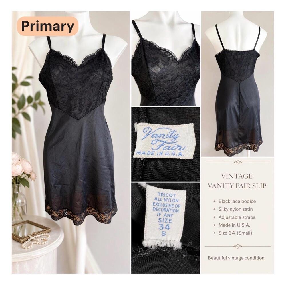 Vanity Fair Black Nylon Full Slip Lace Trim V-Neck Vintage 90s Size 36 - Picture 2 of 10